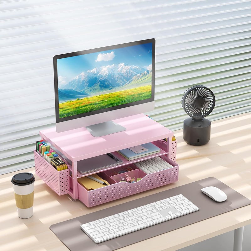 gianotter Wood Monitor Stand Riser, Desk Organizer with Drawer and 2 Pen Holders, 2-Tier Workspace Organizer for Office Supplies(Pink Wood) - Image 4